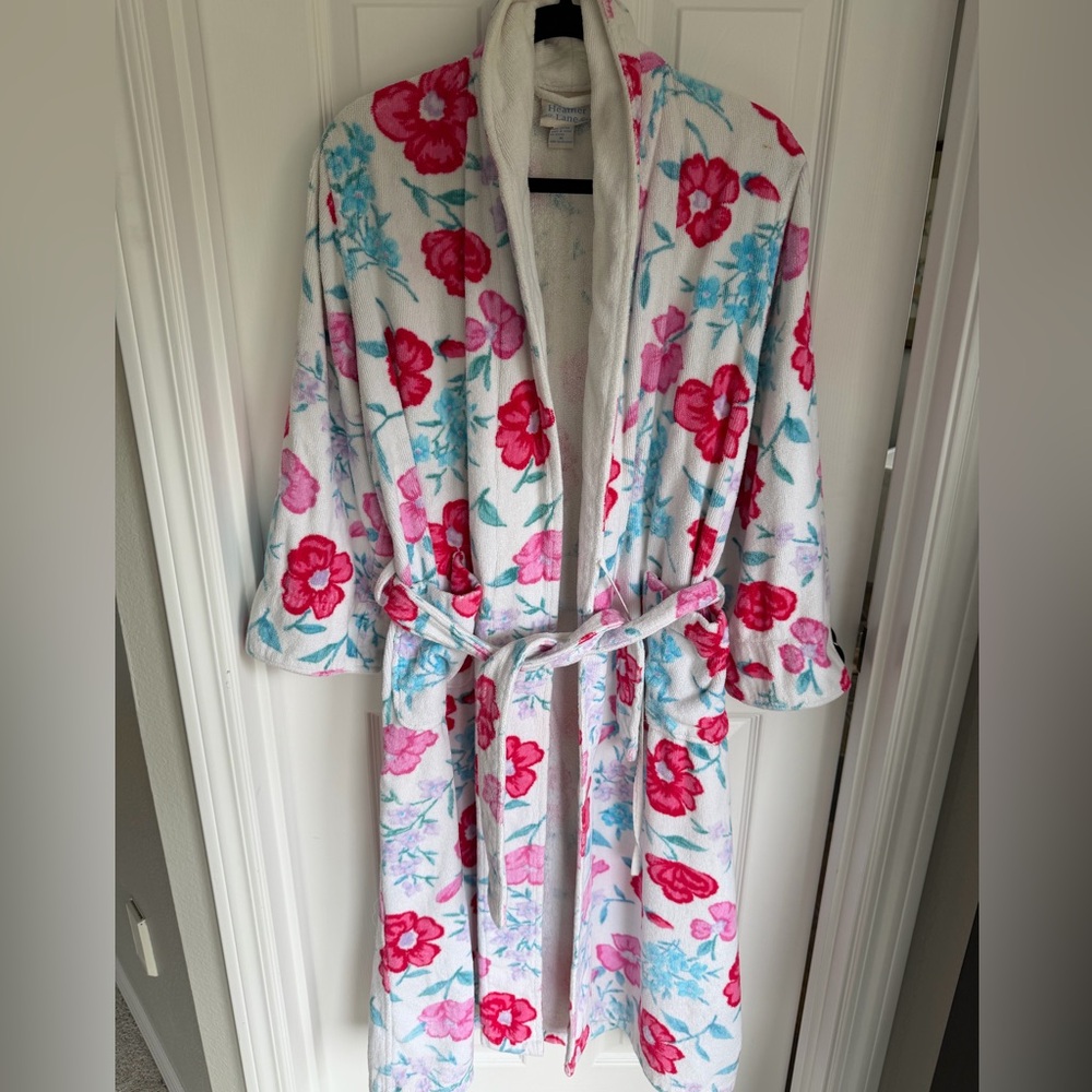 Heather Lane Plush White Robe with Pink & Aqua Floral Accents